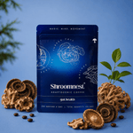 A blue stand-up pouch of Shroomnest Adaptogenic Coffee from gut health, styled with dried mushrooms, coffee beans, and green leaves on a blue background.