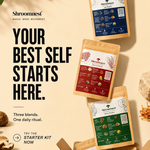 Promotional graphic for Shroomnest mushroom blends showing three stand-up pouches floating above an open box of product on a warm beige background with text reading 'YOUR BEST SELF STARTS HERE.' and 'TRY THE STARTER KIT NOW.