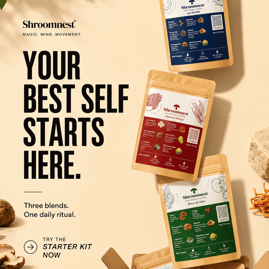 Promotional graphic for Shroomnest mushroom blends showing three stand-up pouches floating above an open box of product on a warm beige background with text reading 'YOUR BEST SELF STARTS HERE.' and 'TRY THE STARTER KIT NOW.